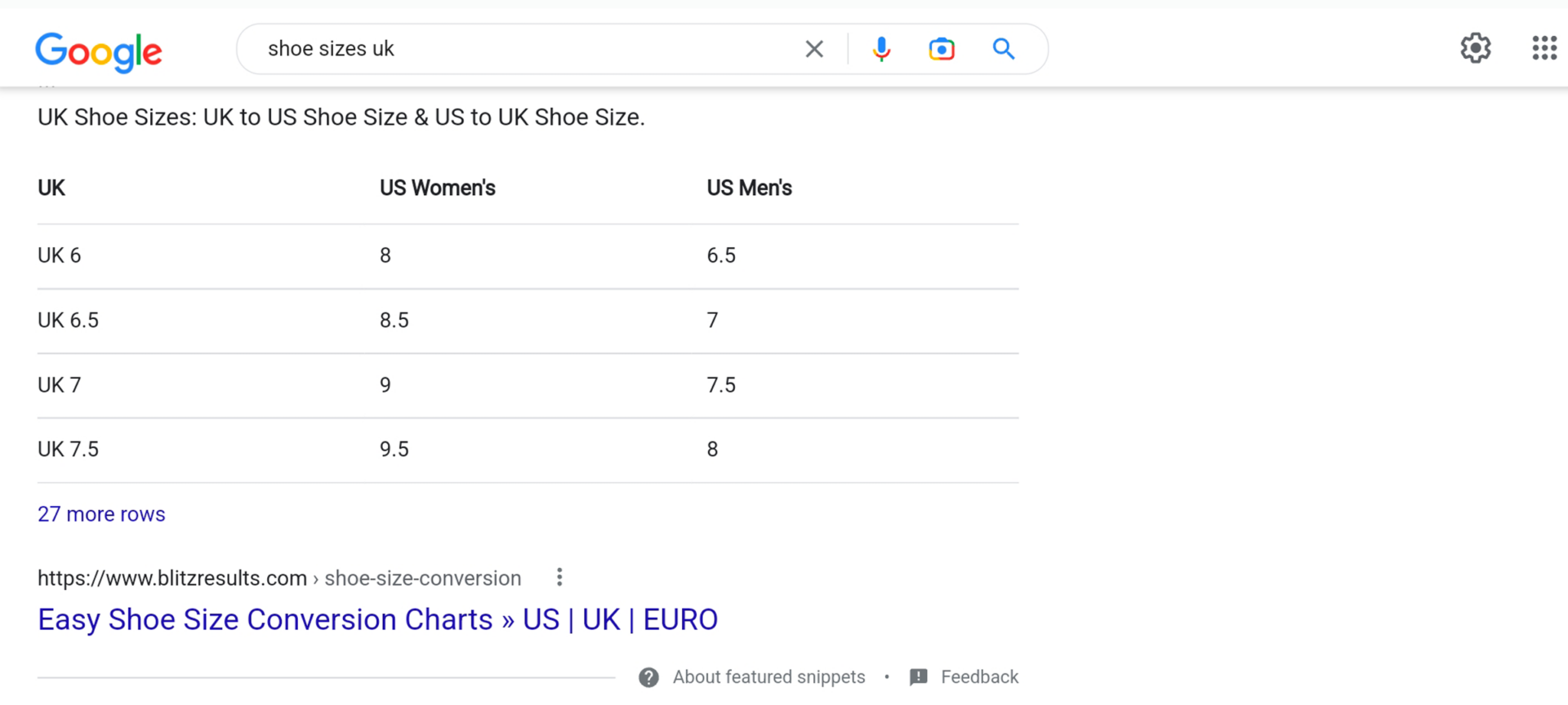 Table featured snippet