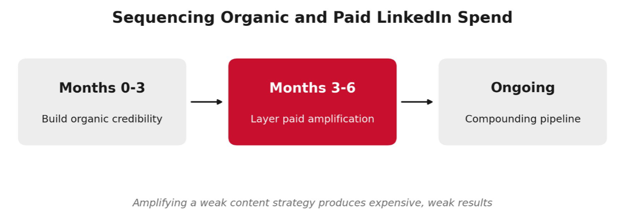 LinkedIn strategy timeline from organic content to paid amplification.