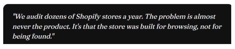 Quote highlighting the importance of building Shopify stores for search visibility.