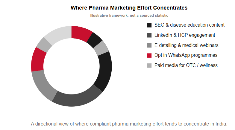 Pie chart showing key focus areas of pharma digital marketing in India.)