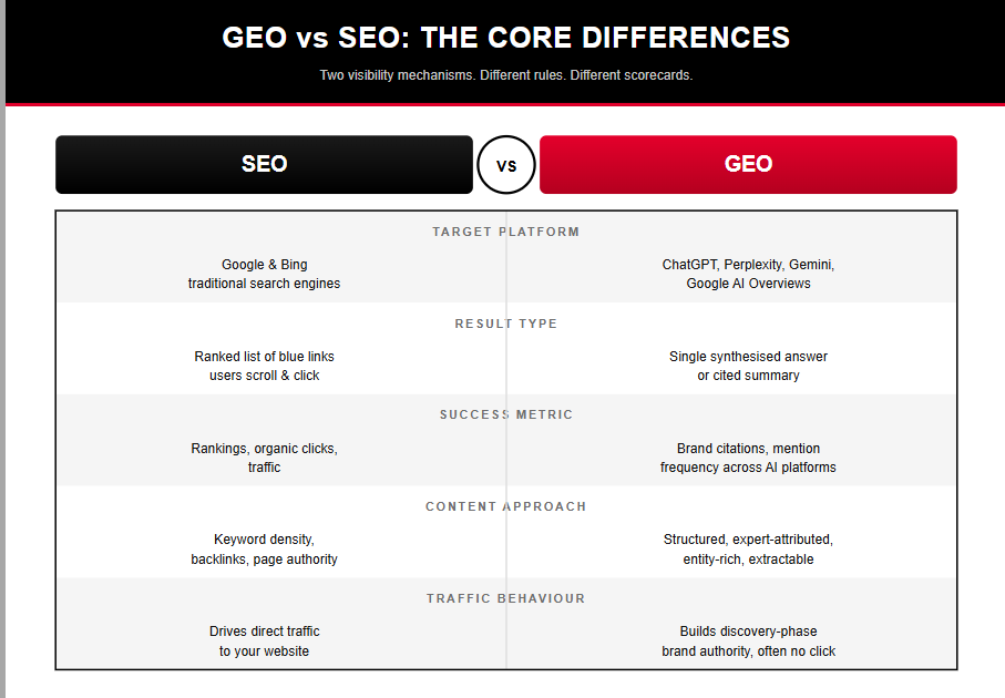 Comparison table highlighting differences in target platforms, result types, success metrics, content approach, and traffic behaviour between SEO and GEO.