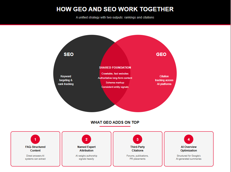 Venn diagram showing the shared foundations of SEO and GEO, with GEO adding FAQ content, expert attribution, third-party citations, and AI Overview optimisation.